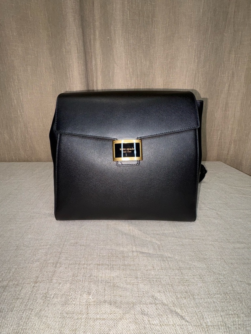 Kate Spade Katy Textured Leather Medium Flap Backpack Black with Gold Hardware